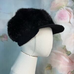 Vintage Favorette Black Faux Fur Ribbed Brimmed Hat